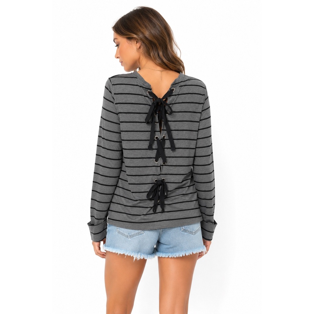 Umgee NWT Grey Black Striped Lace Up Back Long Sleeve Top M Edgy Casual